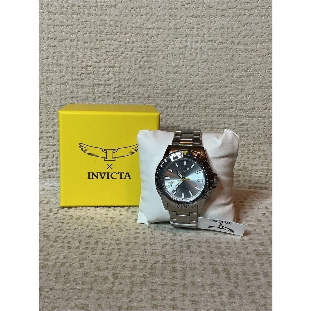 Invicta Silver Stainless Steel Watch with Yellow Accents
